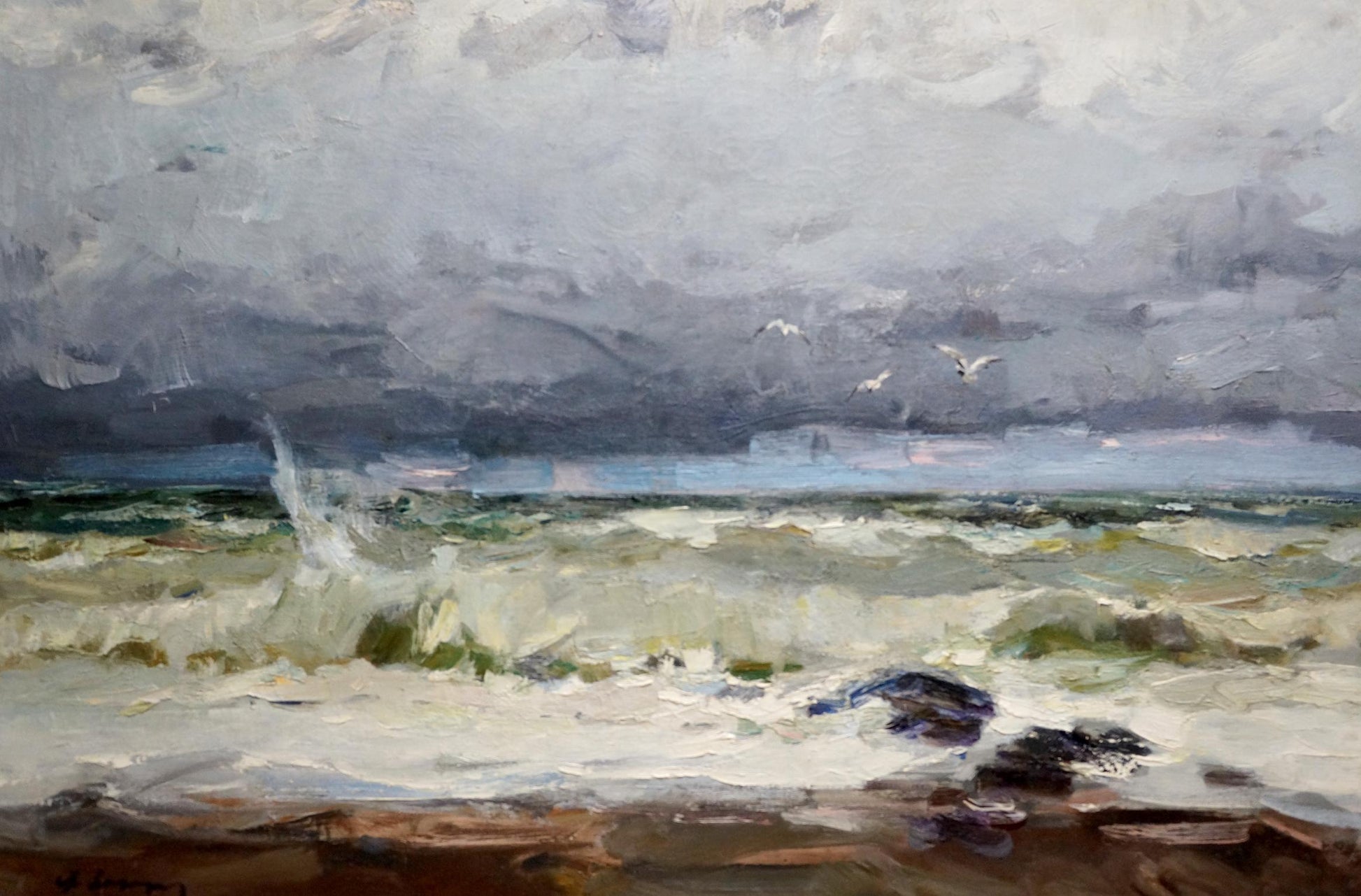 Oil painting seascape by Fedor Zakharov: stormy gray skies over crashing waves