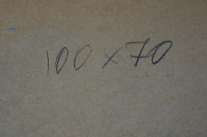 Back of Abstract oil painting by Person Pokulity Konstantin Ivanovich, 100 x 70 handwritten in black marker on beige