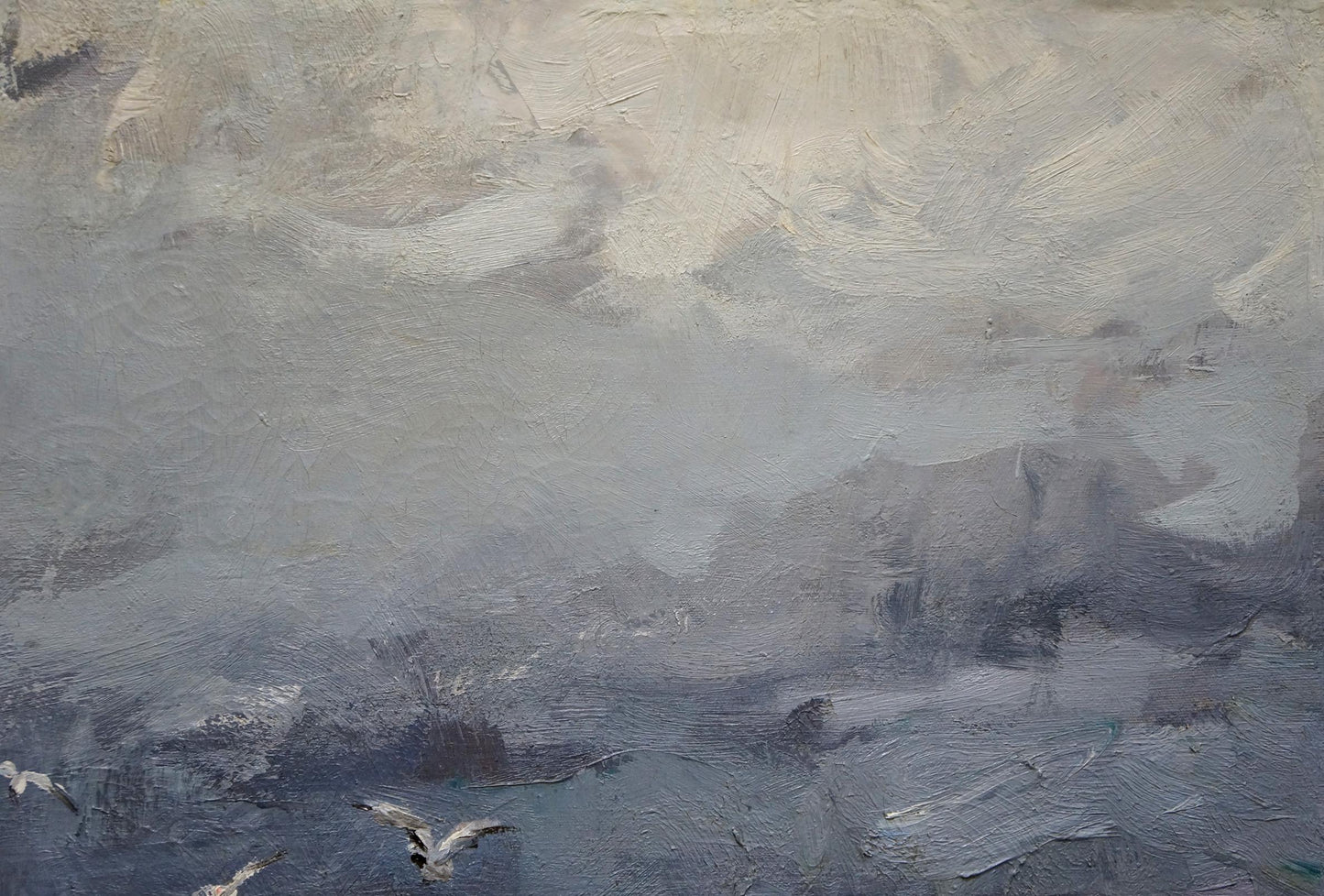 Textured impressionistic oil painting of cloudy seascape with seagulls by Fedor Zakharov