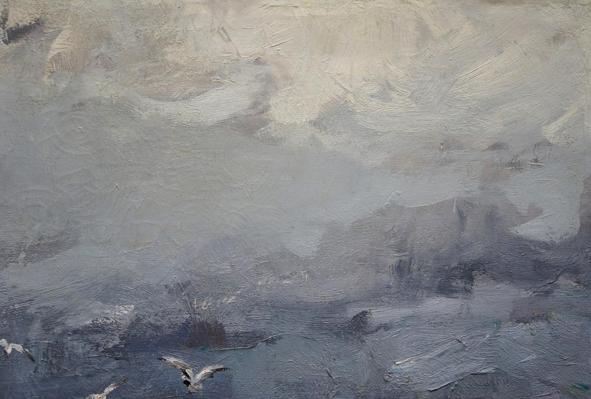 Textured impressionistic oil painting of cloudy seascape with seagulls by Fedor Zakharov