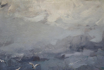 Textured impressionistic oil painting of cloudy seascape with seagulls by Fedor Zakharov