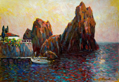 Vibrant impressionist oil painting of reddish-brown rocks by Bakaev Sergey Ivanovich