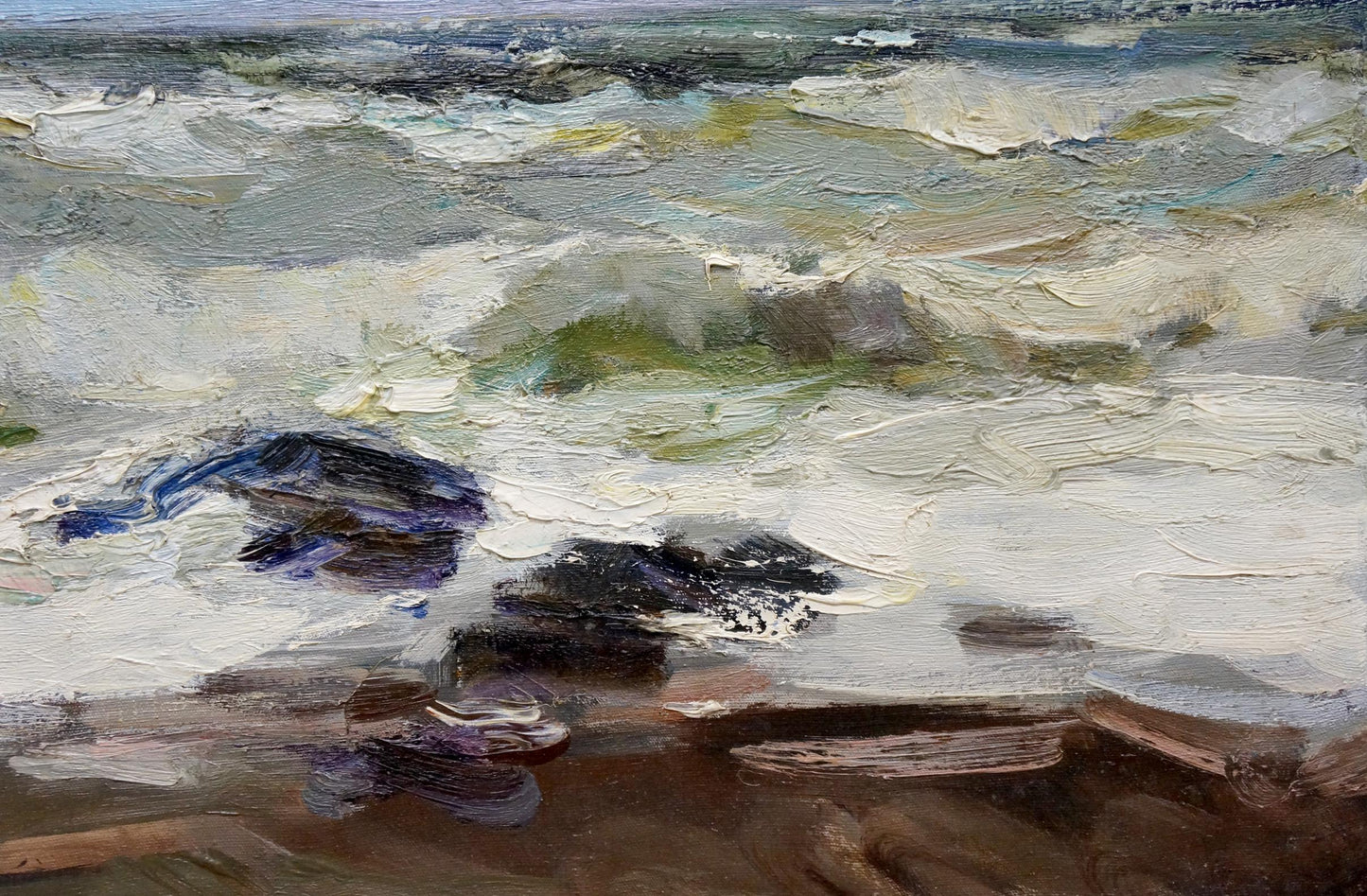 Oil painting seascape with turbulent waves and flying seagulls by Fedor Zakharov