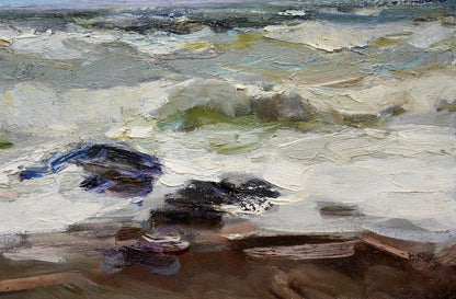 Oil painting seascape with turbulent waves and flying seagulls by Fedor Zakharov