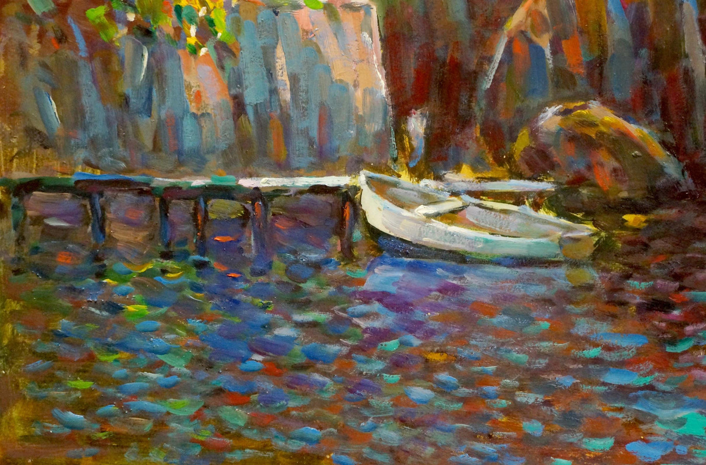 Oil painting by Bakaev Sergey Ivanovich: white rowboat by pier