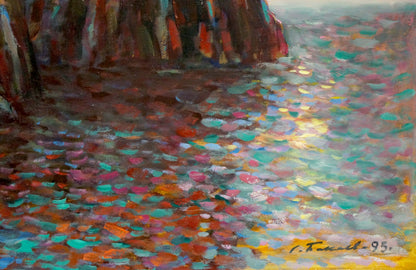 Vibrant oil painting of rocky shoreline by Bakaev Sergey Ivanovich