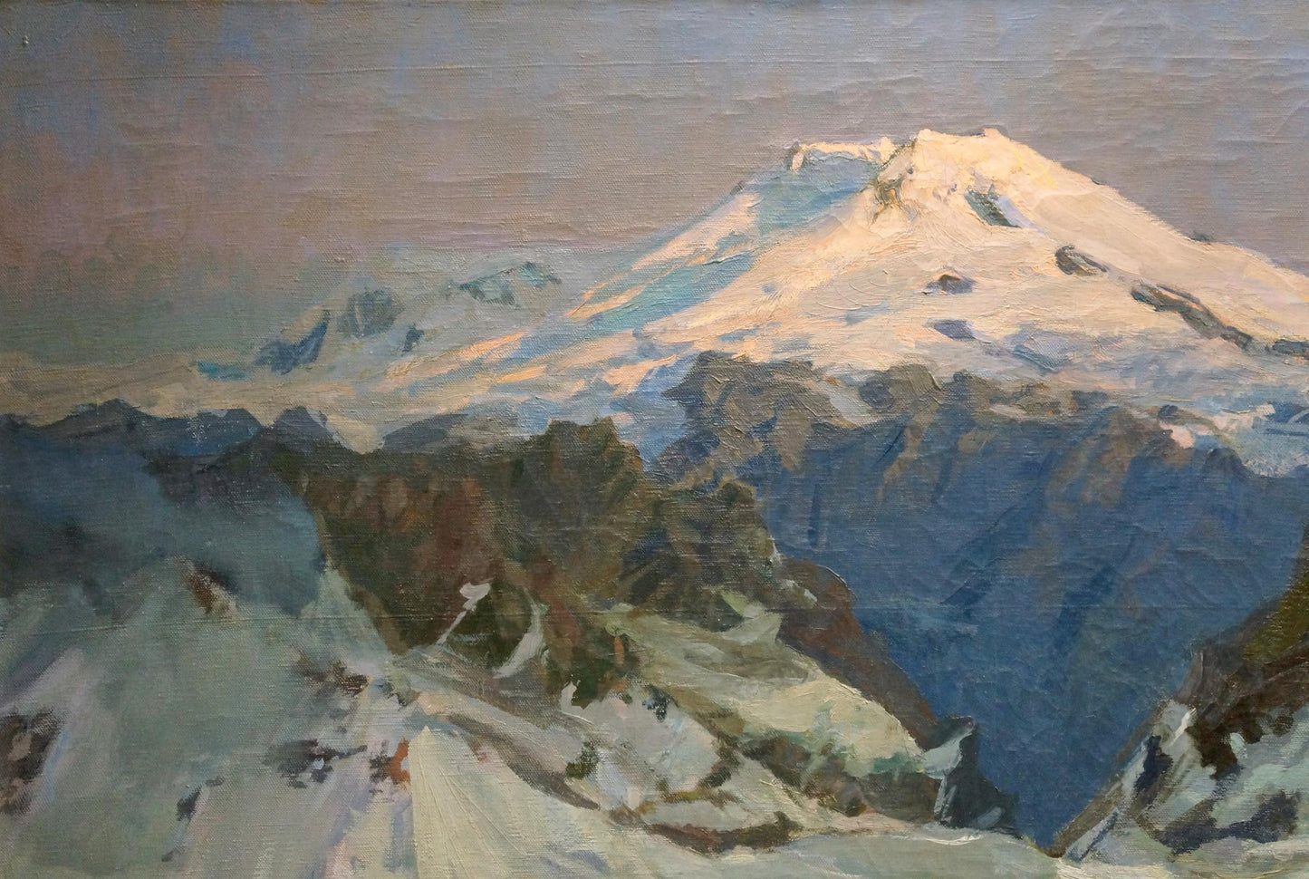 Oil painting of snow-capped Mount Elbrus peak by Smirnov Evgeny Vladimirovich