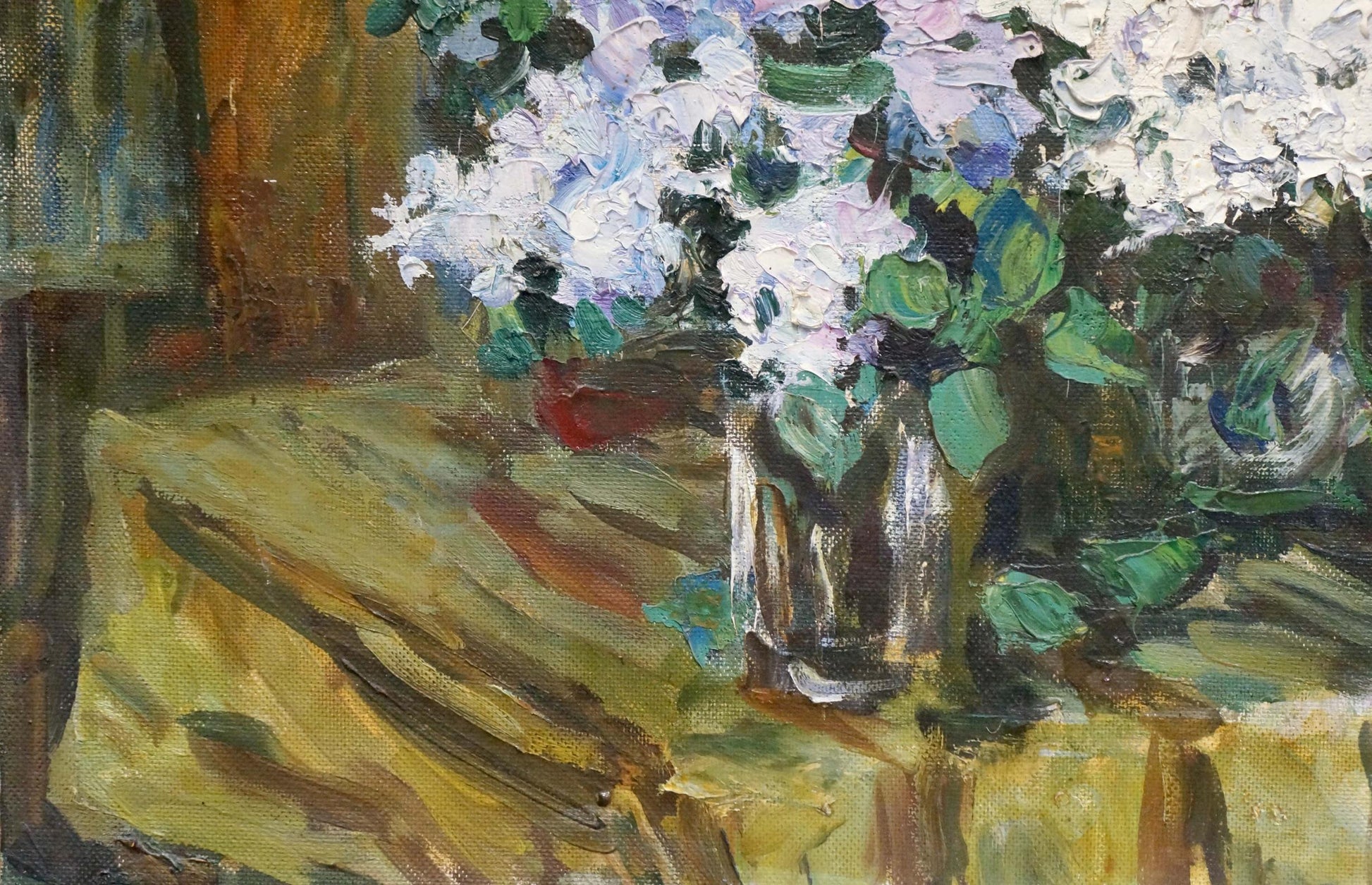 Oil painting of vibrant white and light purple lilac hydrangea bouquet by Zhezher Anatoly Mikhailovich in glass vase