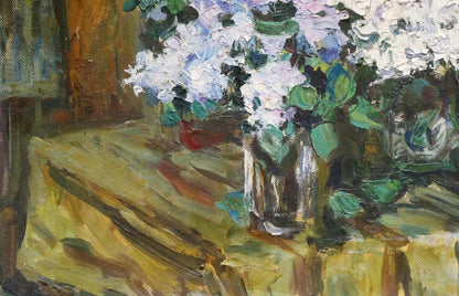 Oil painting of vibrant white and light purple lilac hydrangea bouquet by Zhezher Anatoly Mikhailovich in glass vase