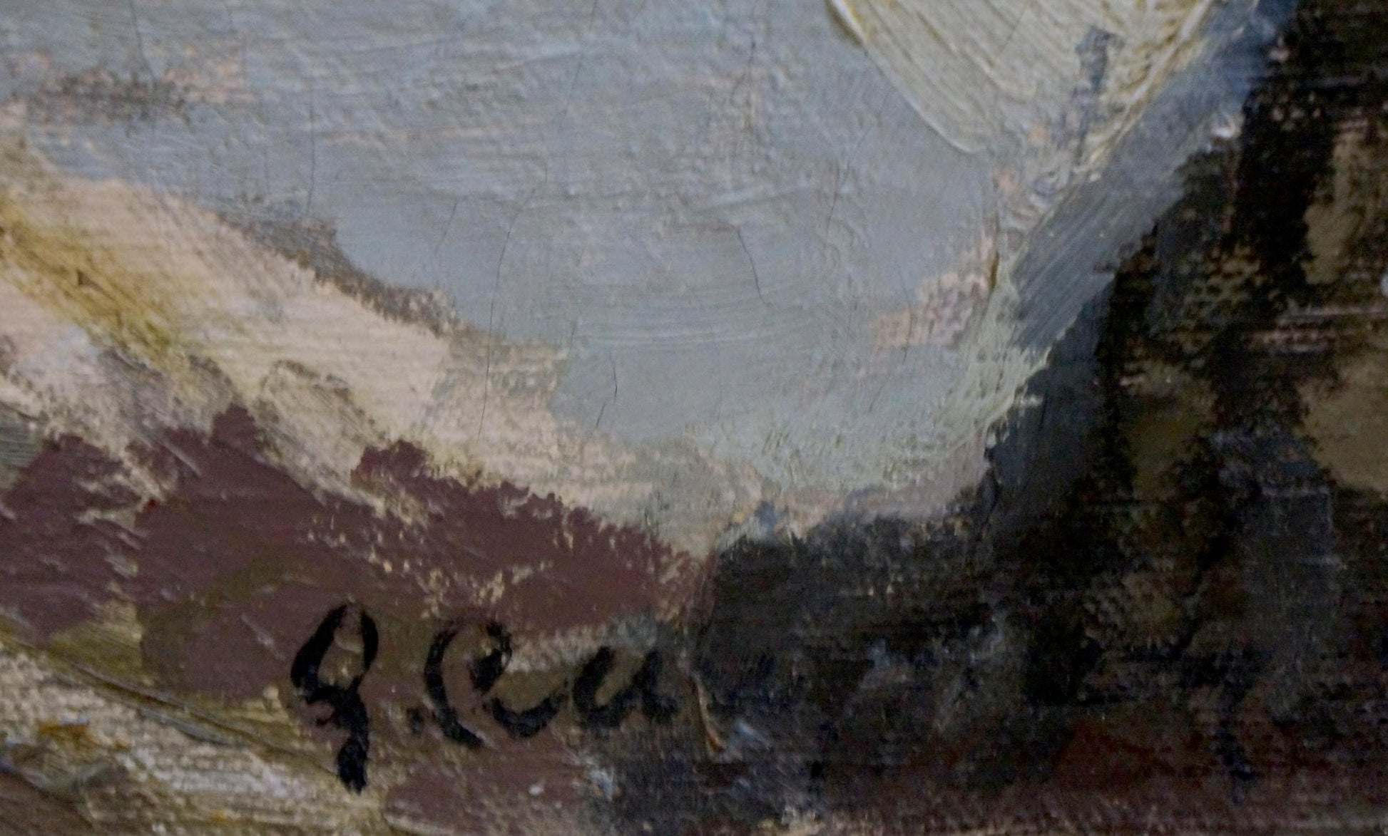 Back of oil painting Elbrus by Smirnov Evgeny Vladimirovich with black ink signature on textured canvas