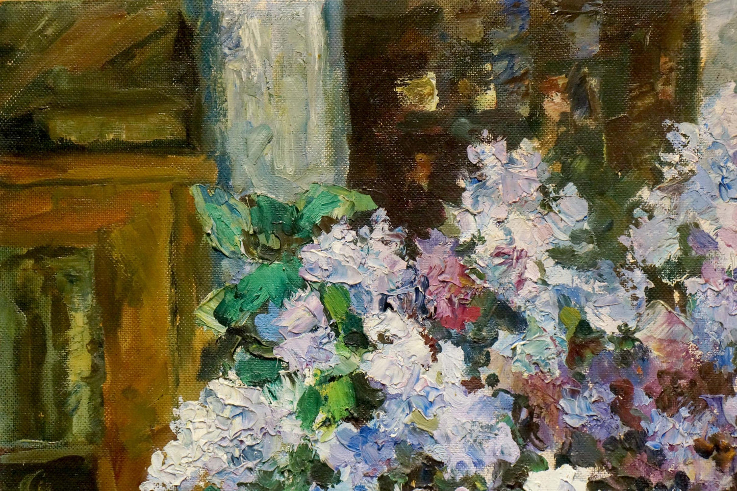 Vibrant impressionistic oil painting of lilac hydrangea bouquet by Zhezher Anatoly Mikhailovich