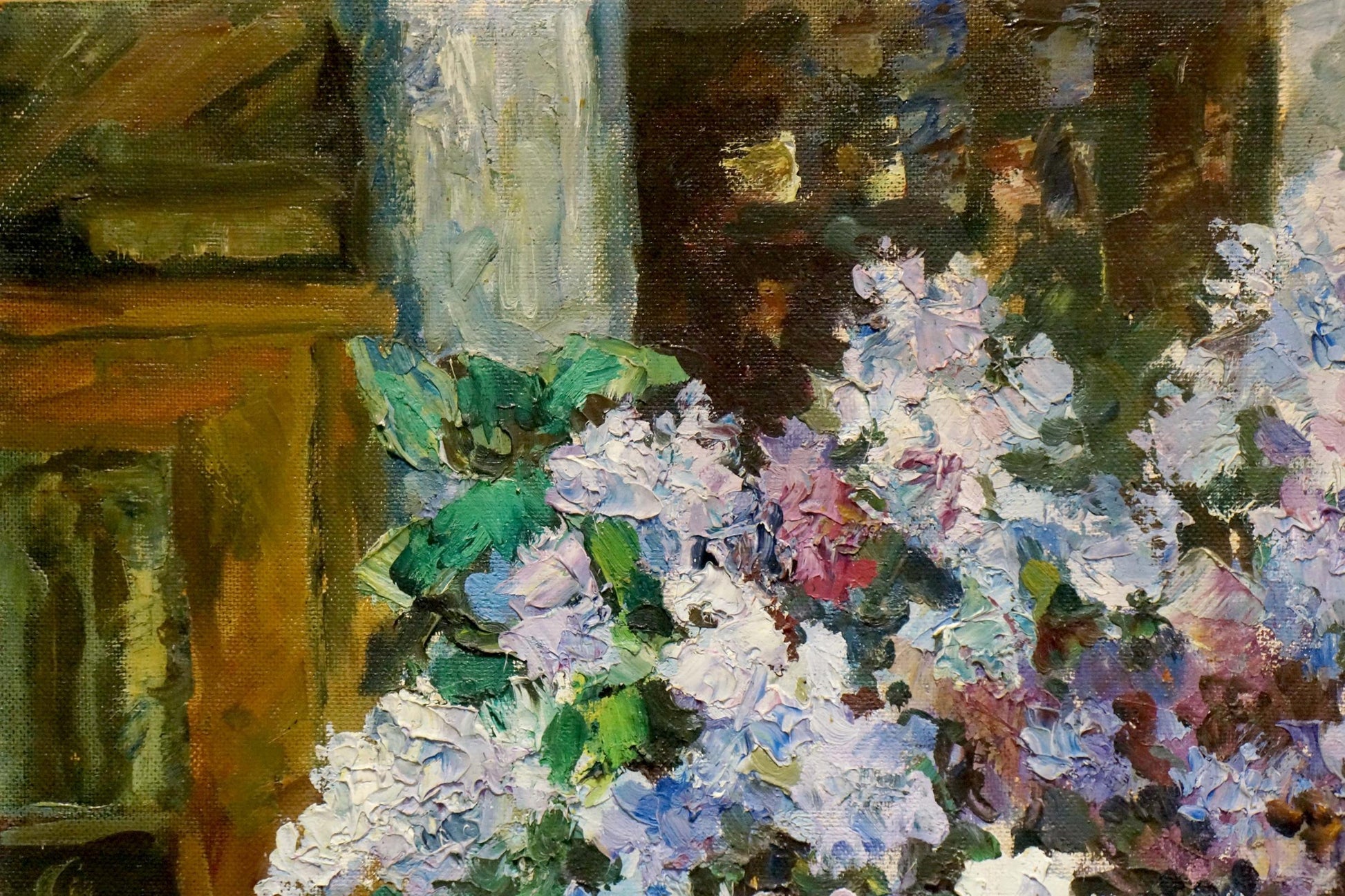 Vibrant impressionistic oil painting of lilac hydrangea bouquet by Zhezher Anatoly Mikhailovich