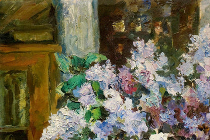 Vibrant impressionistic oil painting of lilac hydrangea bouquet by Zhezher Anatoly Mikhailovich