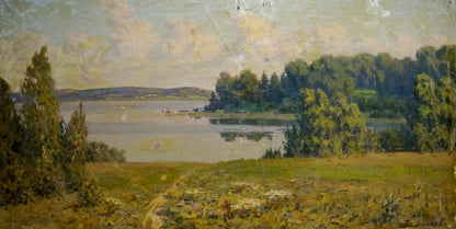 Serene lake landscape oil painting by Zemskov Lev Nikolaevich
