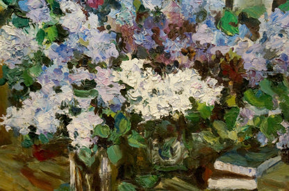 Vibrant impasto oil painting of lilac hydrangea bouquet by Zhezher Anatoly Mikhailovich