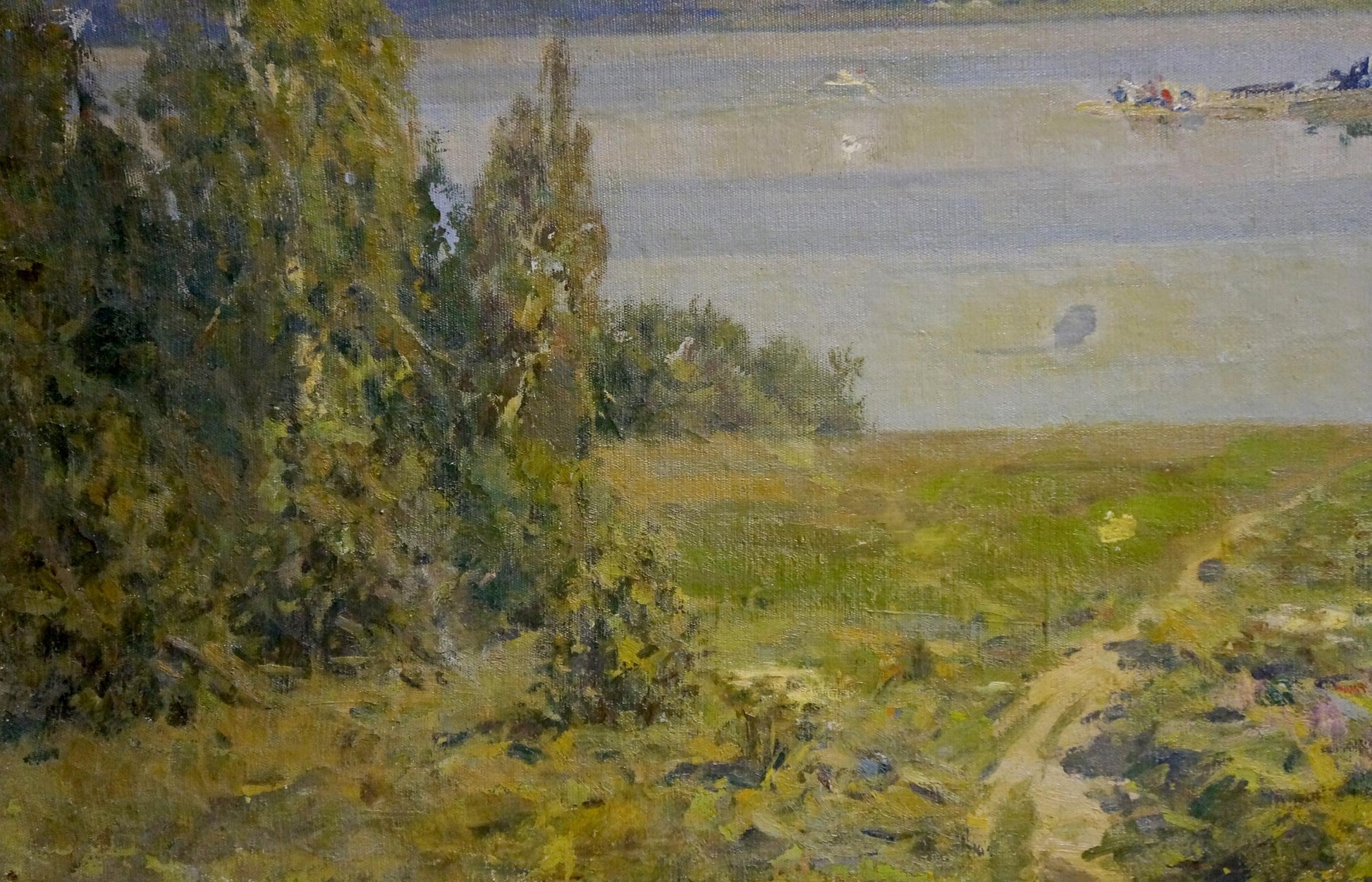 Serene impressionistic oil painting by Zemskov Lev Nikolaevich: lush trees, tranquil river, boats