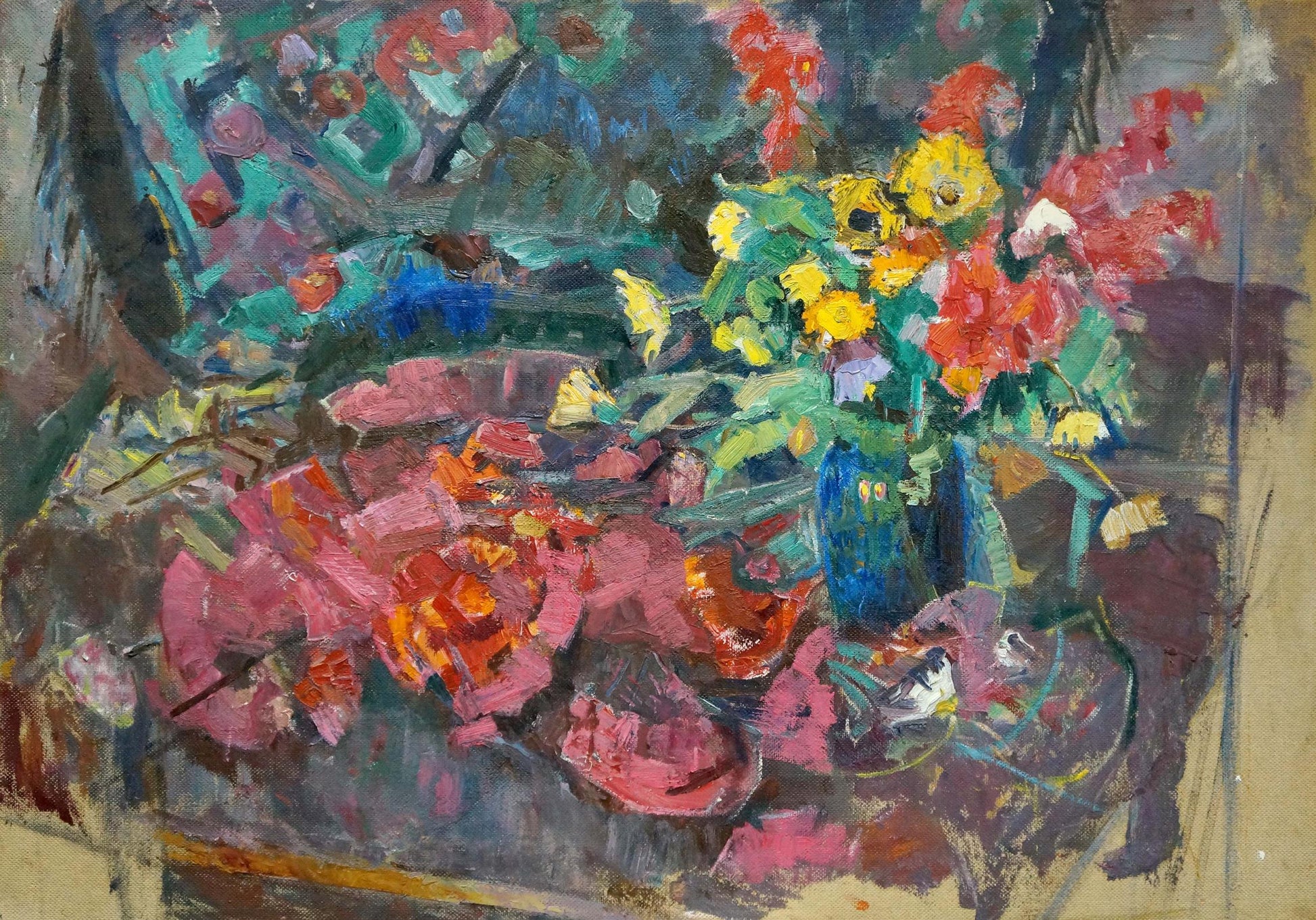 Oil painting by Shvab Vladimir: vibrant blue vase with yellow, red, orange flowers