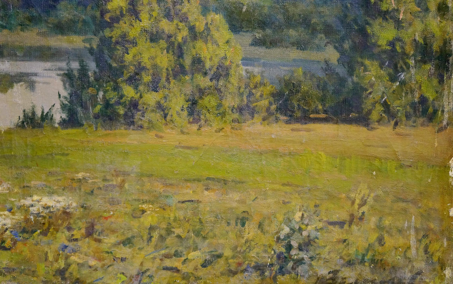 Vibrant impressionist oil painting by Zemskov Lev Nikolaevich: sunlit meadow with pond