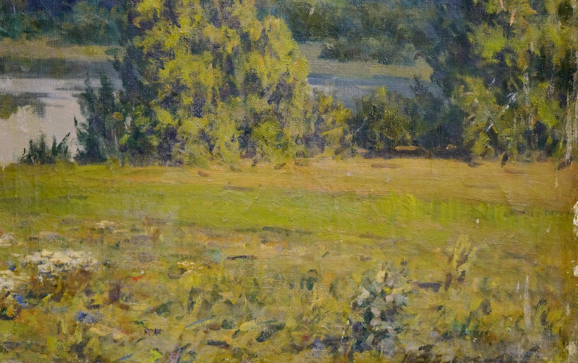 Vibrant impressionist oil painting by Zemskov Lev Nikolaevich: sunlit meadow with pond
