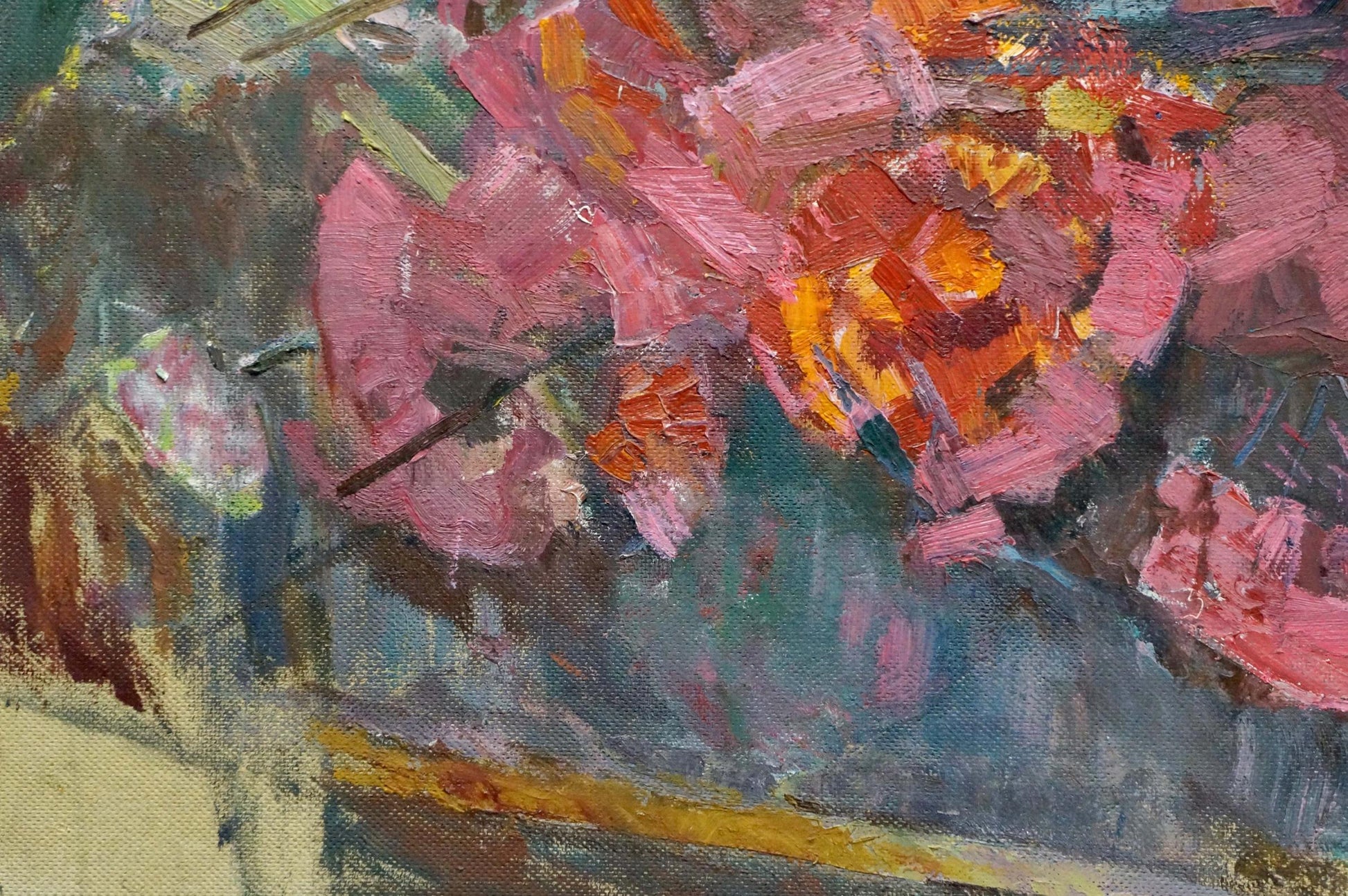 Vibrant pink orange roses on table by Shvab Vladimir impressionist oil painting