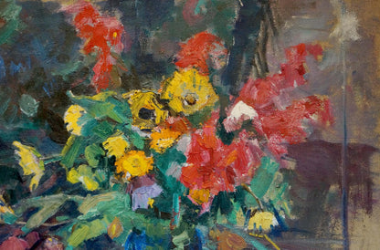 Vibrant impressionist oil painting by Shvab Vladimir: Flowers on the table