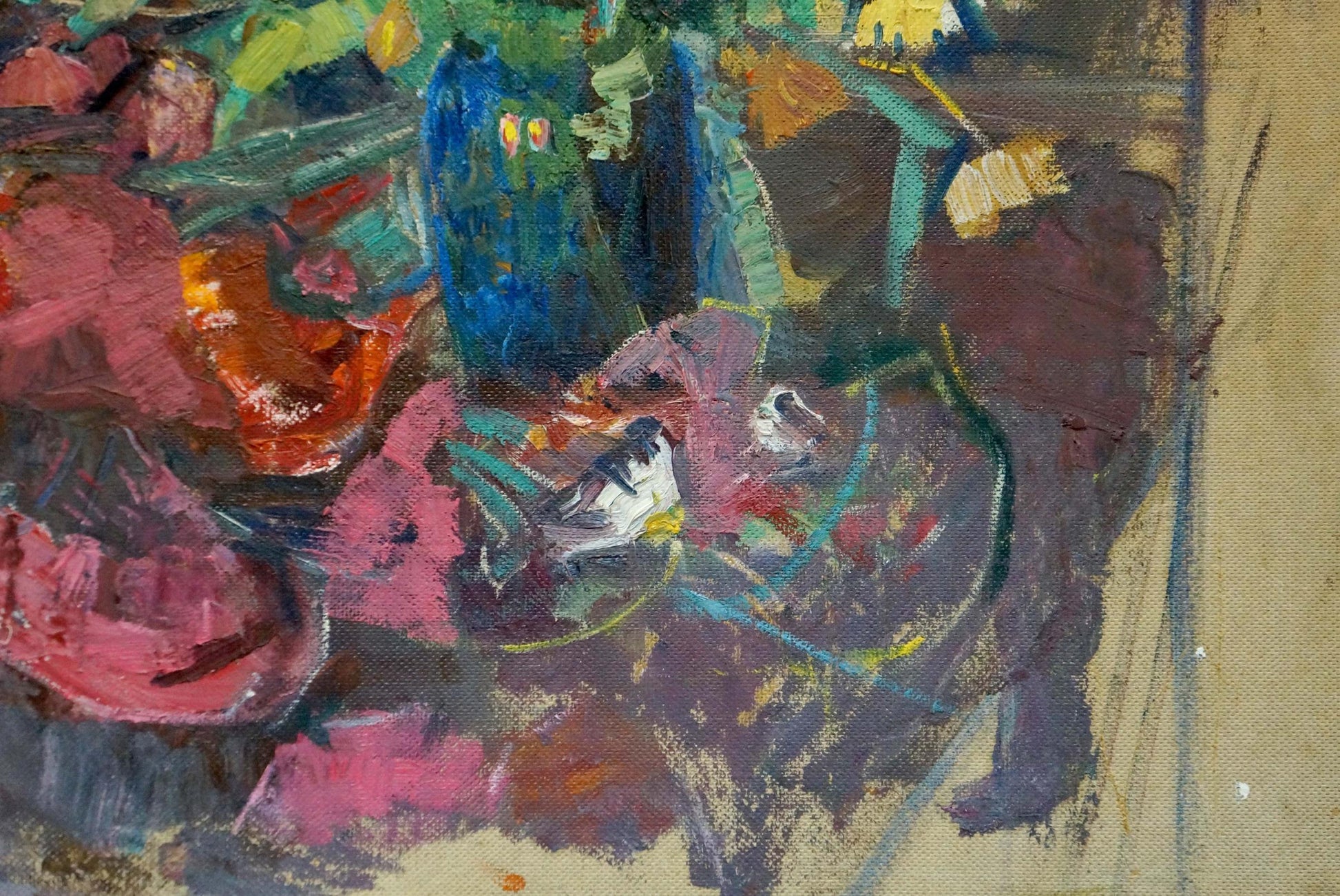 Vibrant oil painting by Shvab Vladimir: blue vase with flowers on table