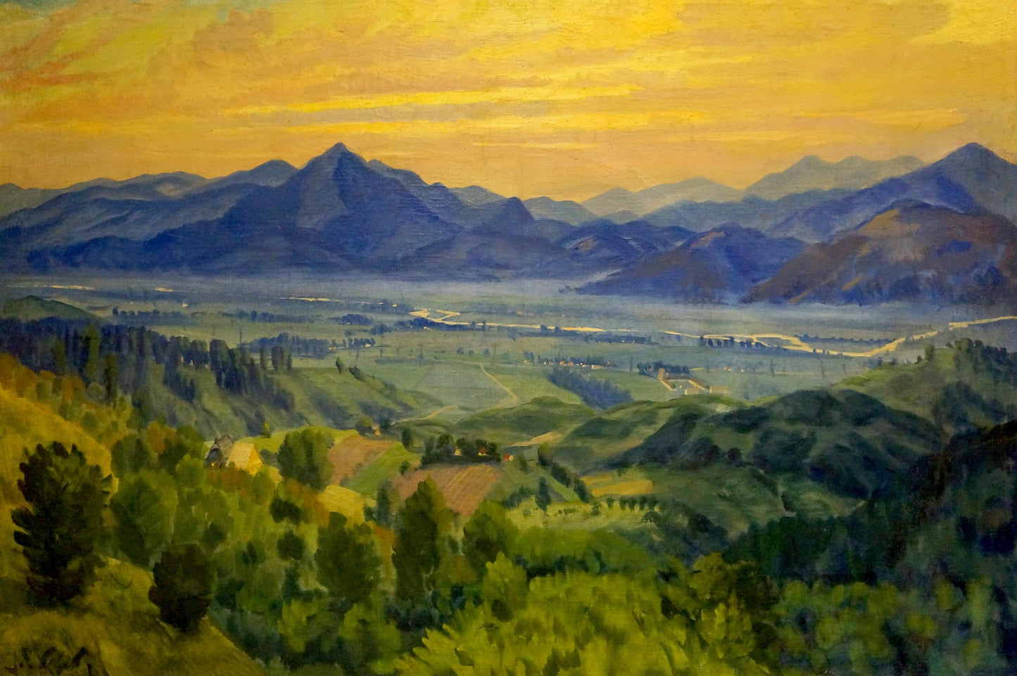 Oil painting Sunset landscape by Manailo Fedor Fedorovich: serene green hills, mountains, golden sky