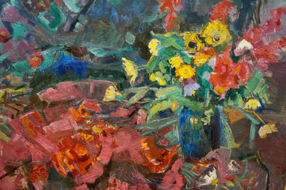 Oil painting by Shvab Vladimir: vibrant sunflowers and roses in blue vase