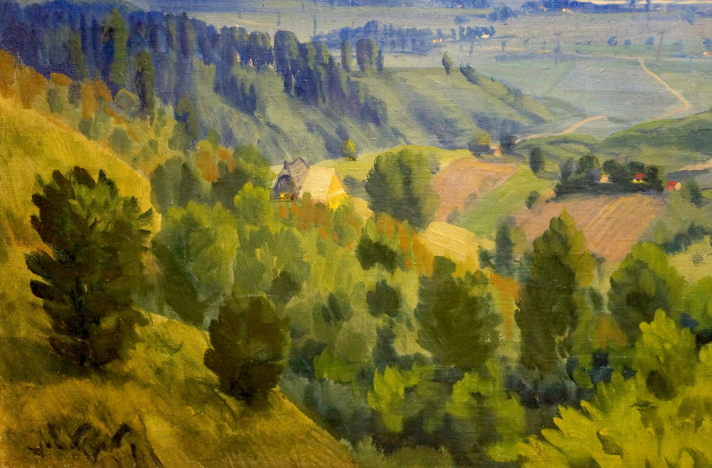 Vibrant impressionist oil painting by Manailo Fedor Fedorovich of sunset landscape with green hills and forests