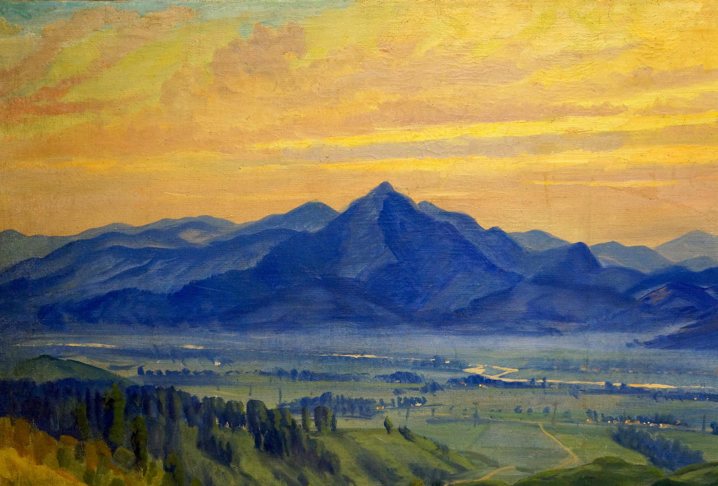 Oil painting of serene mountain range at sunset by Manailo Fedor Fedorovich