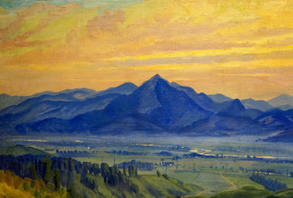 Oil painting of serene mountain range at sunset by Manailo Fedor Fedorovich