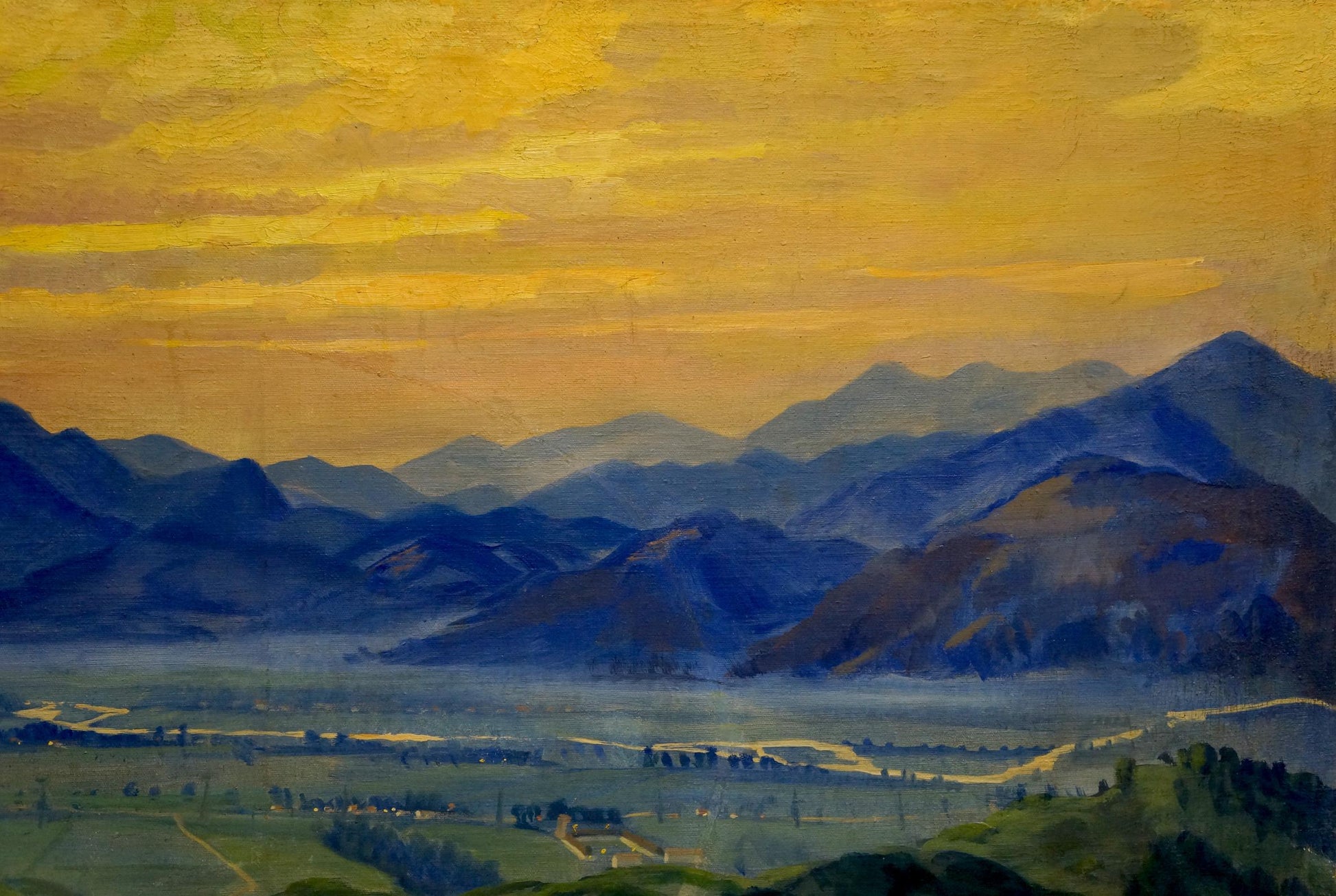 Serene oil painting of layered mountains at sunset by Manailo Fedor Fedorovich