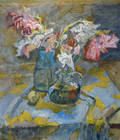 Oil painting Still life by Maksimenko Nikolay Antonovich: blue and green glass vases with pink and white flowers on yellow tablecloth