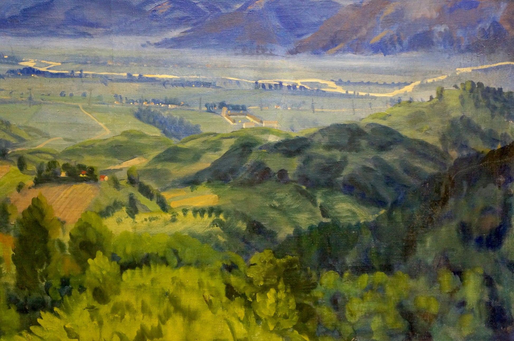 Oil painting by Manailo Fedor Fedorovich: vibrant green sunset landscape with hills