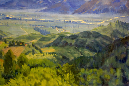 Oil painting by Manailo Fedor Fedorovich: vibrant green sunset landscape with hills