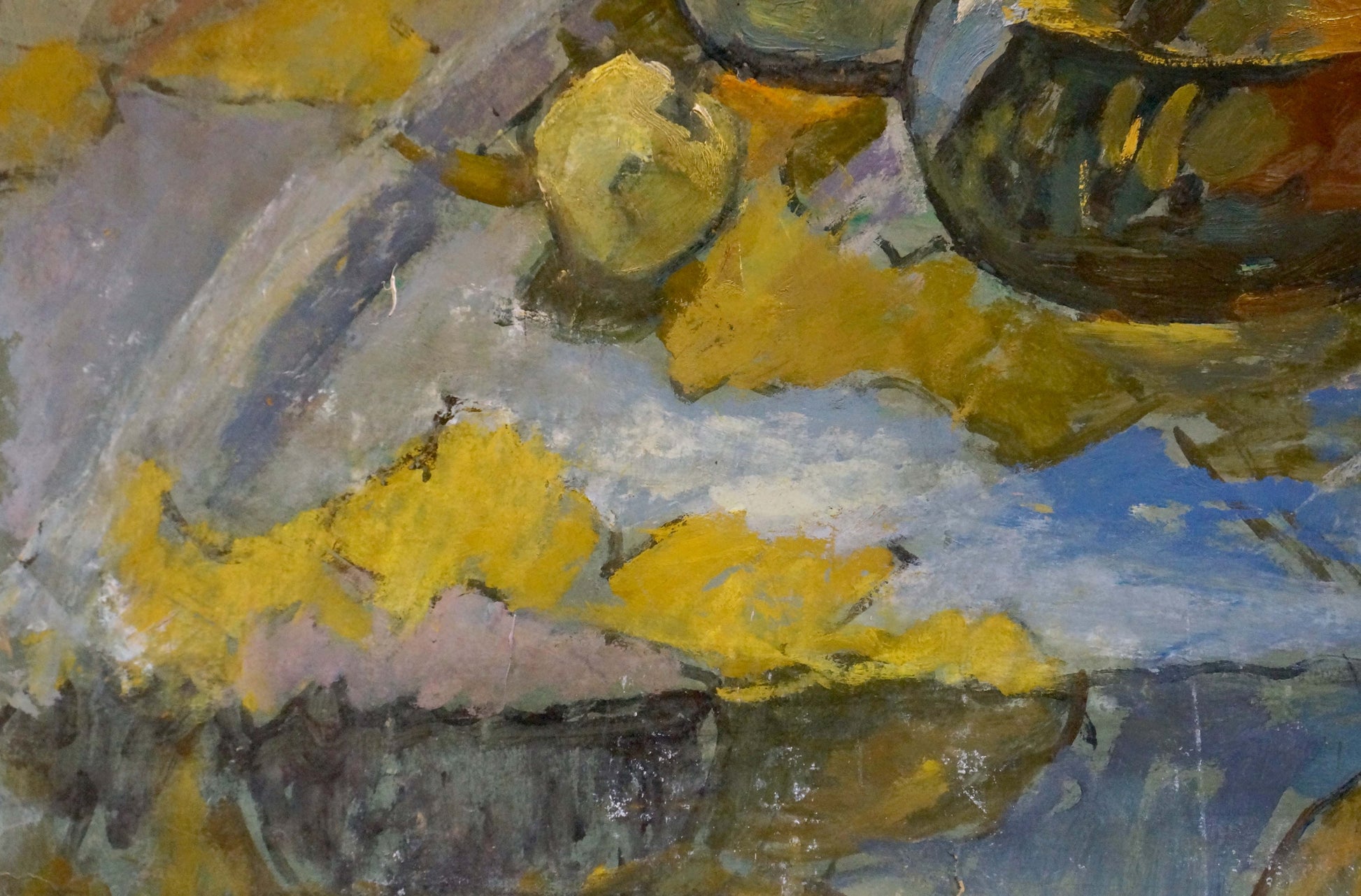 Oil painting Still life by Maksimenko Nikolay Antonovich: textured yellow apple on gray blue ochre surface