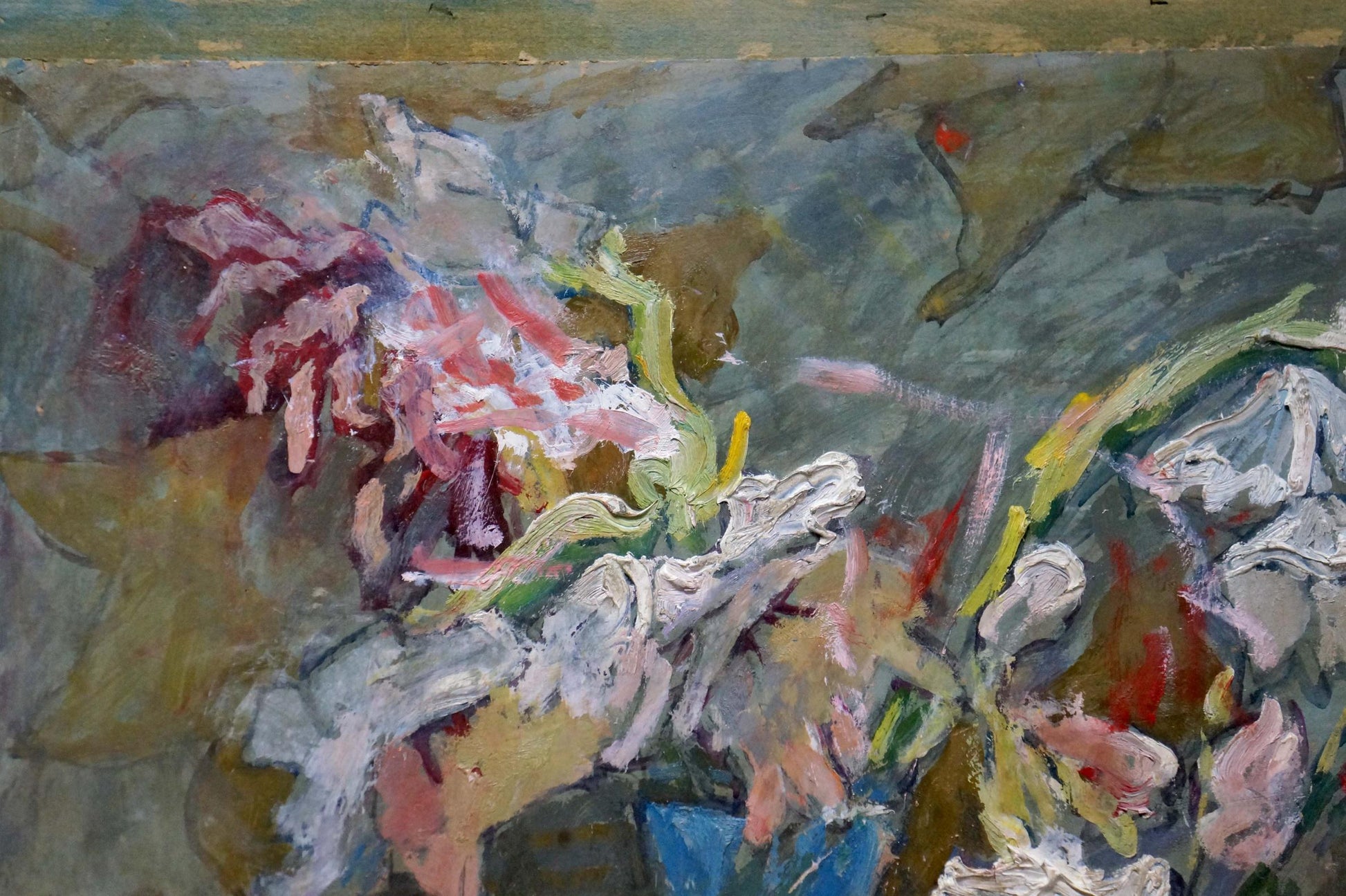 Oil painting Still life by Maksimenko Nikolay Antonovich, pink white green strokes on gray-blue