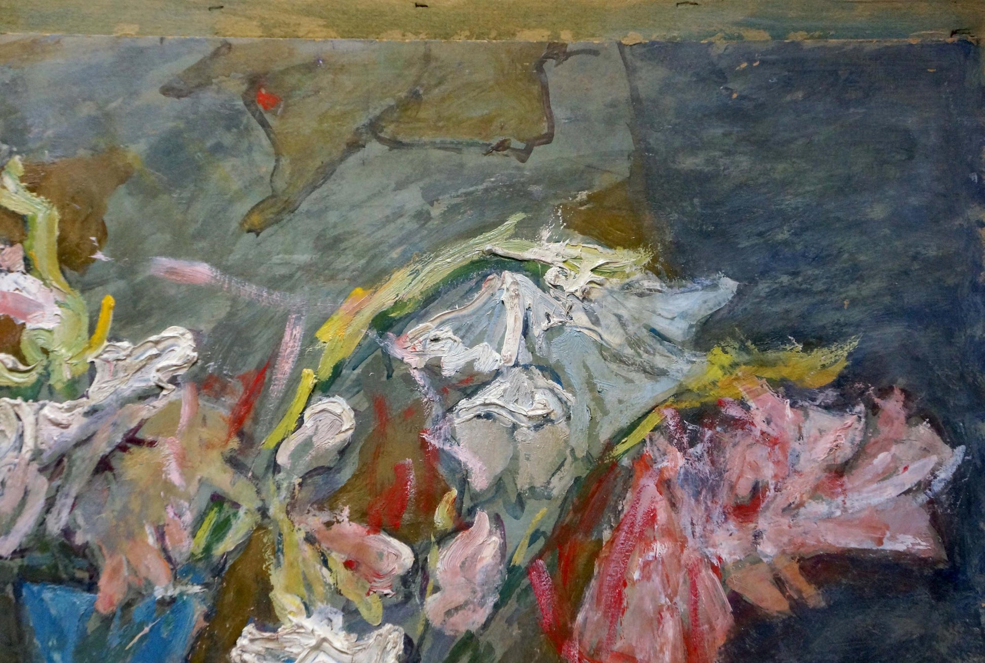 Oil painting Still life by Maksimenko Nikolay Antonovich, vibrant pink, white, yellow strokes on dark blue