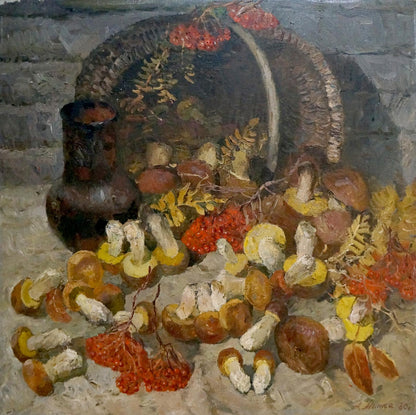 Oil painting of rustic vase, mushrooms and berries by Mynka Alexander Fedorovich