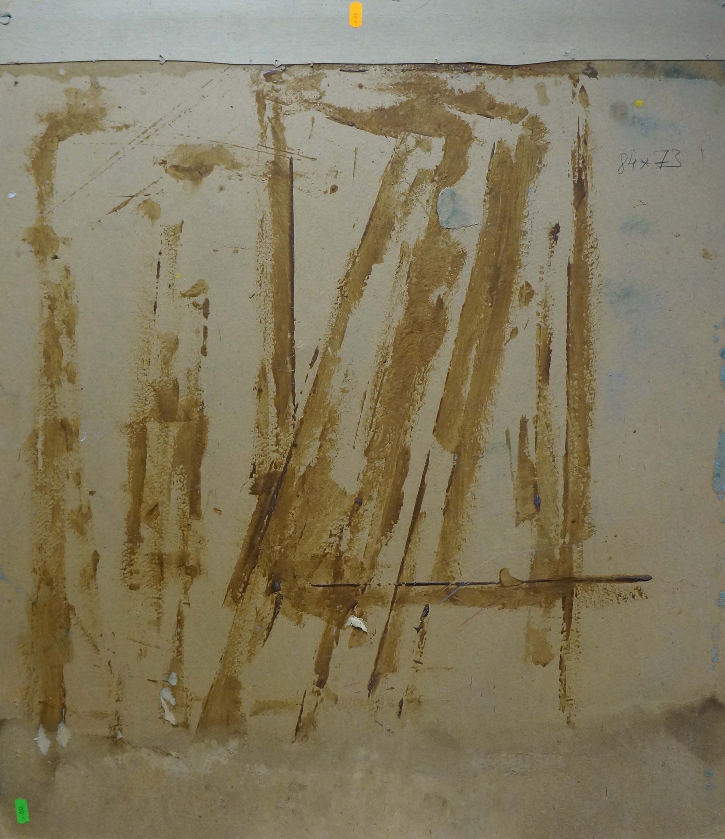 Back of oil painting Still life by Maksimenko Nikolay Antonovich, beige wall with brownish plaster patches