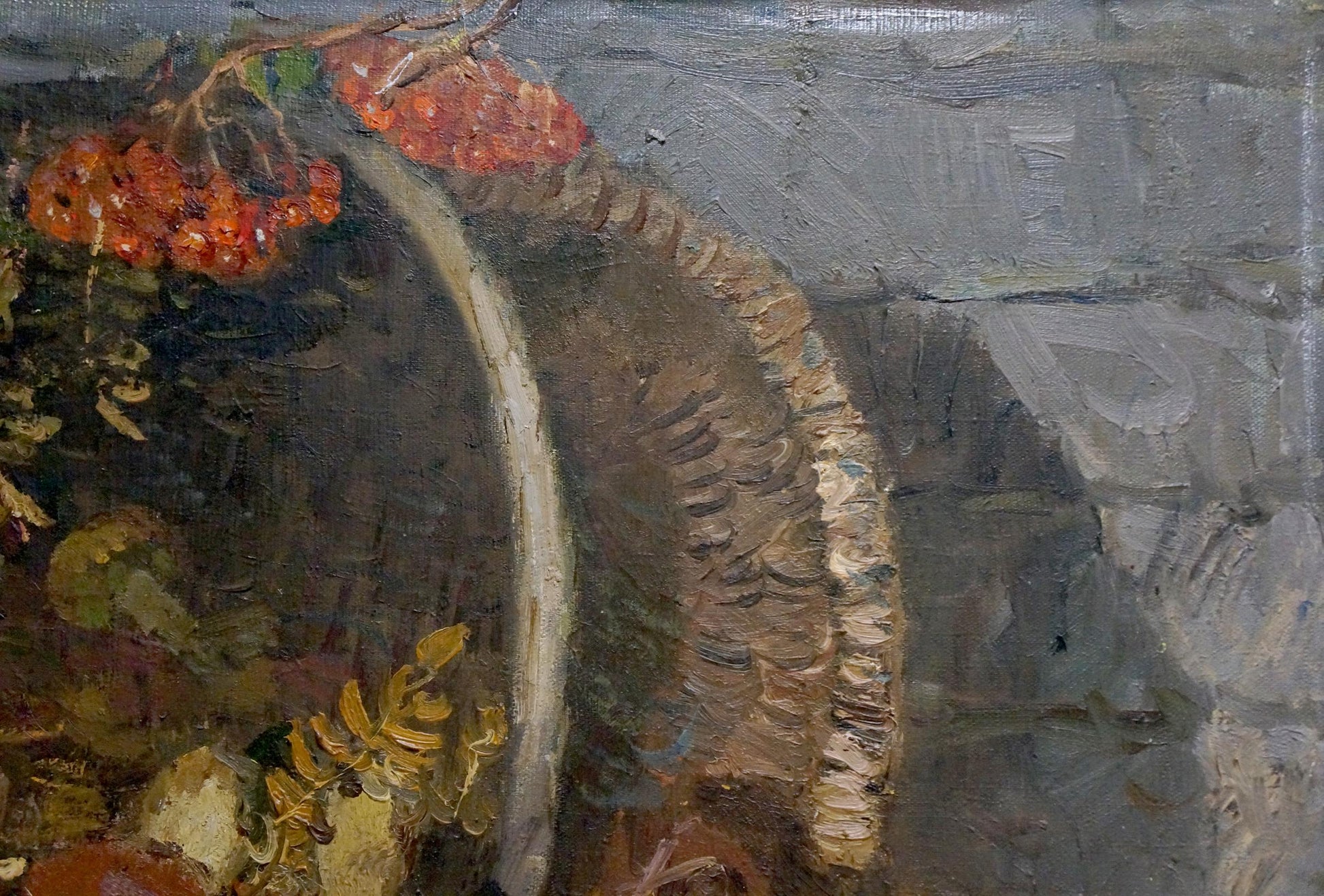 Oil painting of textured stone archway with red berries by Mynka Alexander Fedorovich