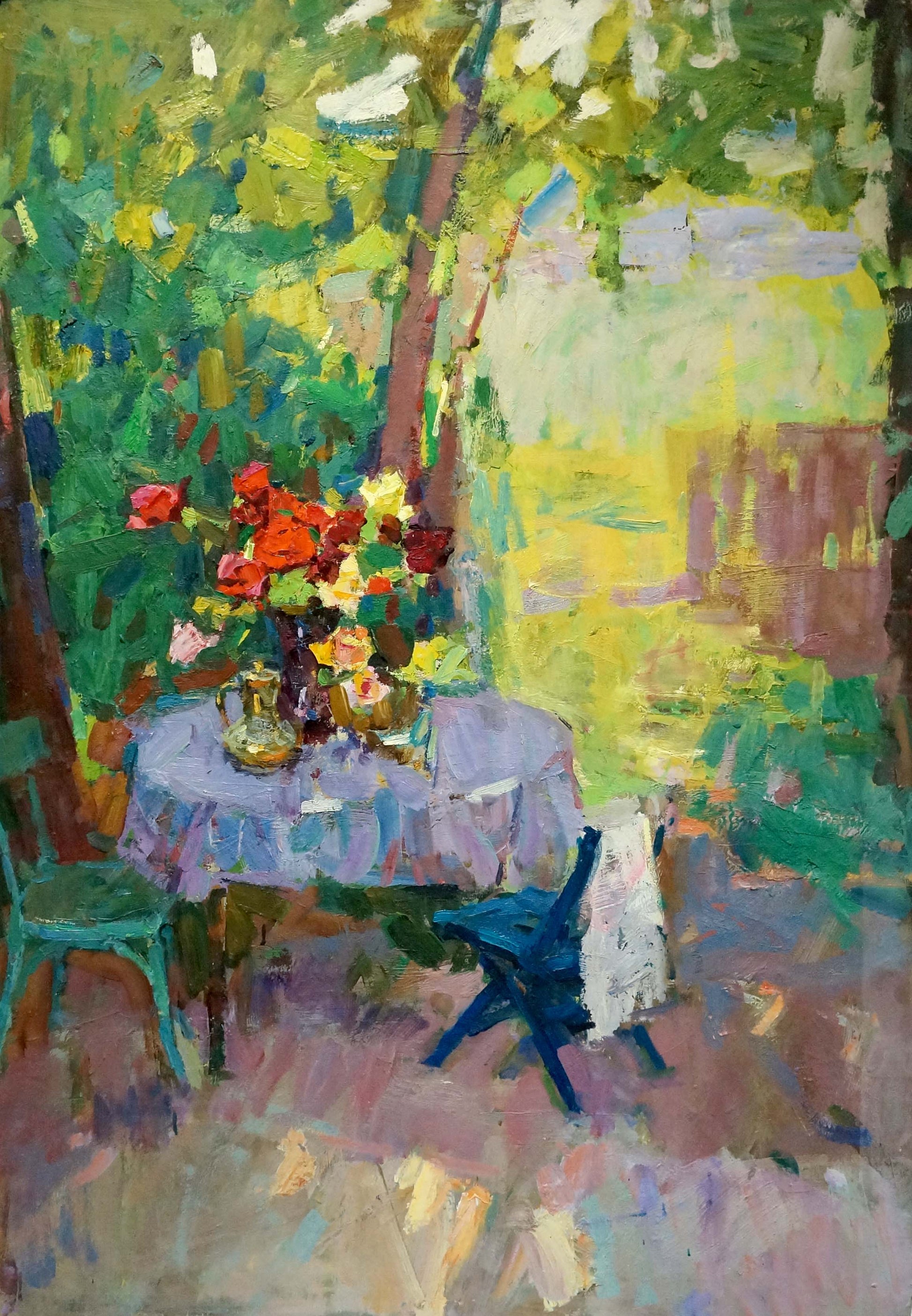 Oil painting Rest in the Yard by Shvab Vladimir: vibrant roses in dark vase on purple cloth