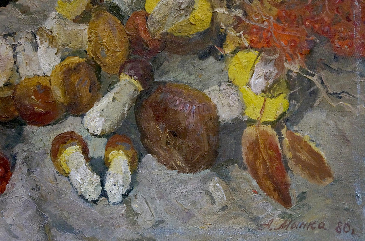 Oil painting of earthy mushrooms and autumn leaves by Mynka Alexander Fedorovich