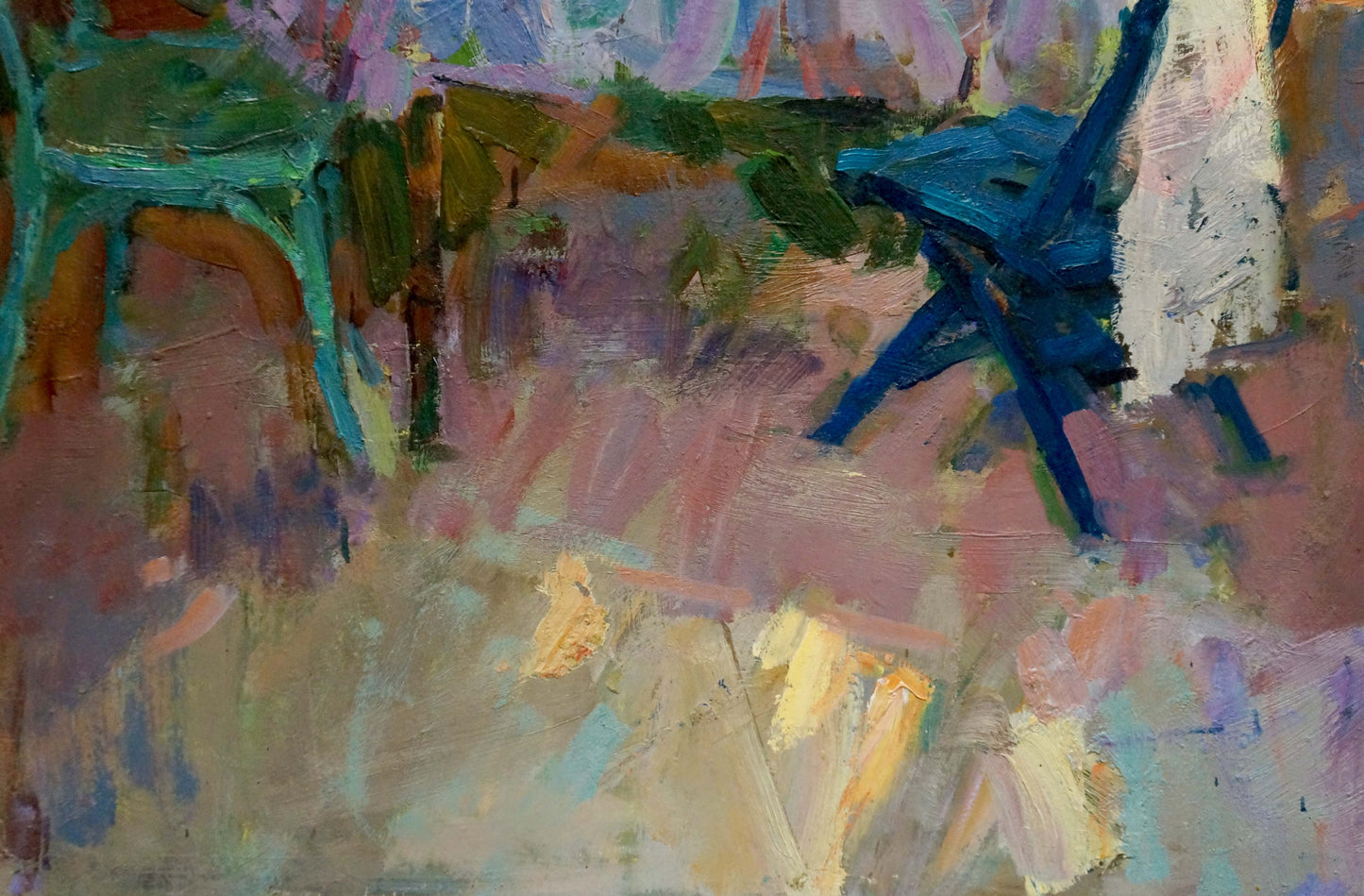 Vibrant blue impressionistic chair in Oil painting Rest in the yard by Shvab Vladimir