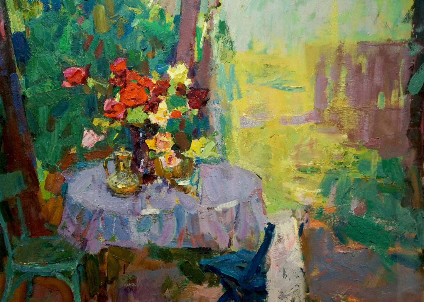 Oil painting Rest in the Yard by Shvab Vladimir: vibrant roses in golden vase