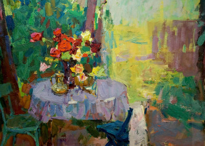 Oil painting Rest in the Yard by Shvab Vladimir: vibrant roses in golden vase