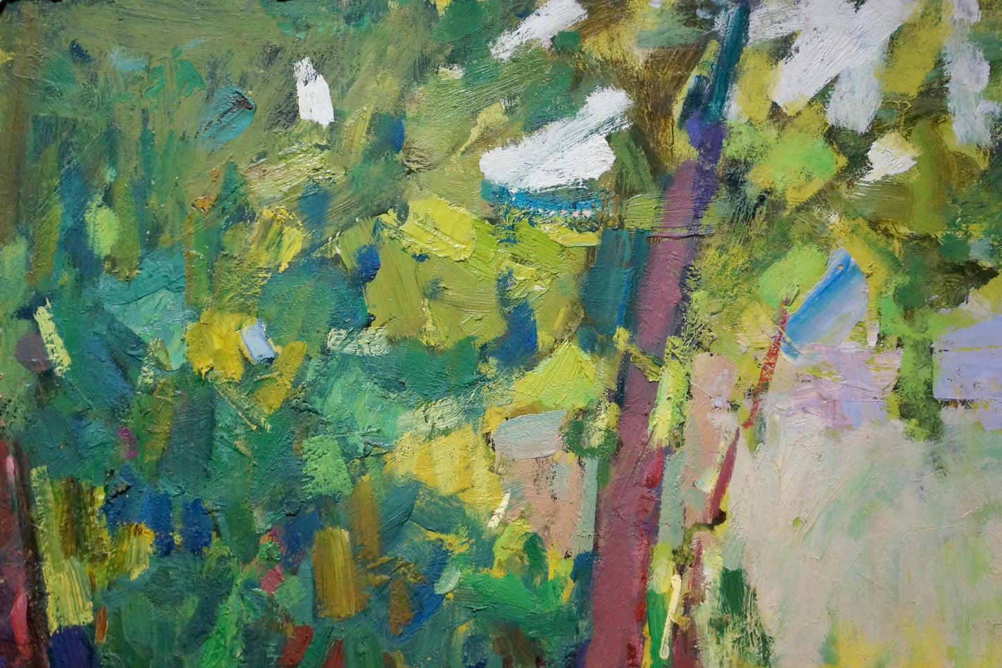 Oil painting Rest in the Yard by Shvab Vladimir, vibrant green yellow purple red abstract