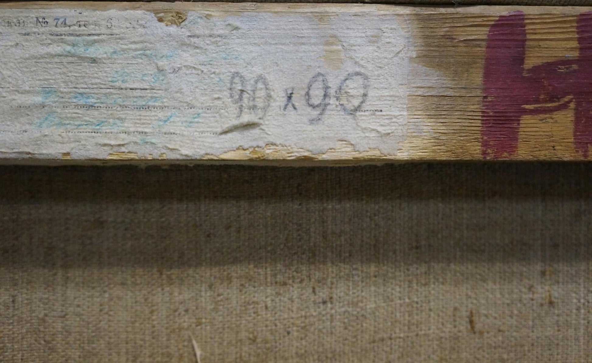 Back of Oil painting Mushroom still life Mynka Alexander Fedorovich with weathered stretcher bar and faded h