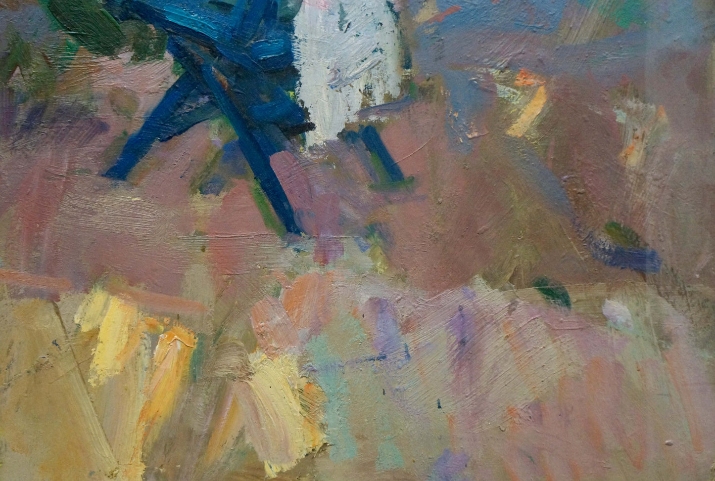 Oil painting Rest in the yard by Shvab Vladimir: vibrant blue chair