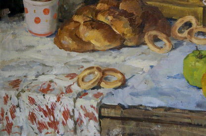 Oil painting of golden-brown braided bread and ring pastries by Bronstein Shaya Iosifovich